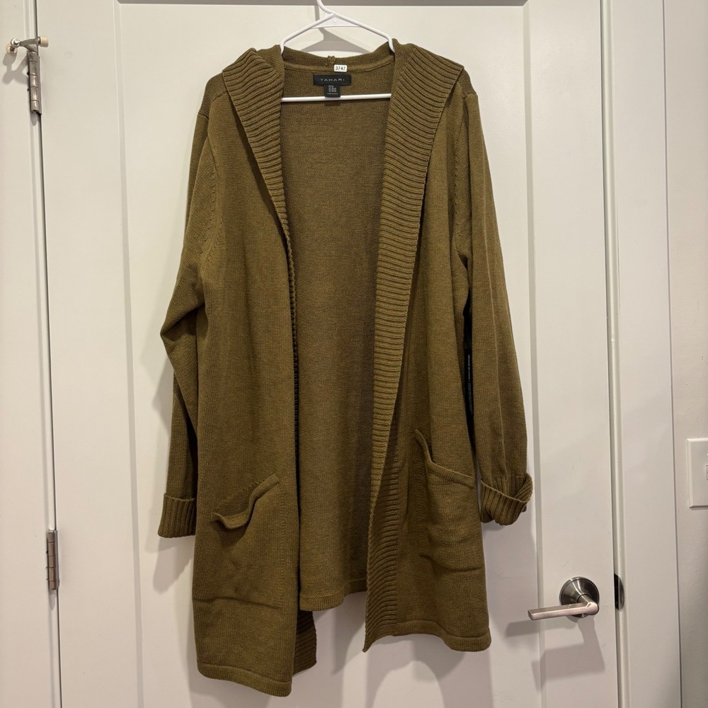 Tahari Womens 3X Olive Green Hooded Open Front Longline Cardigan Sweater NWT